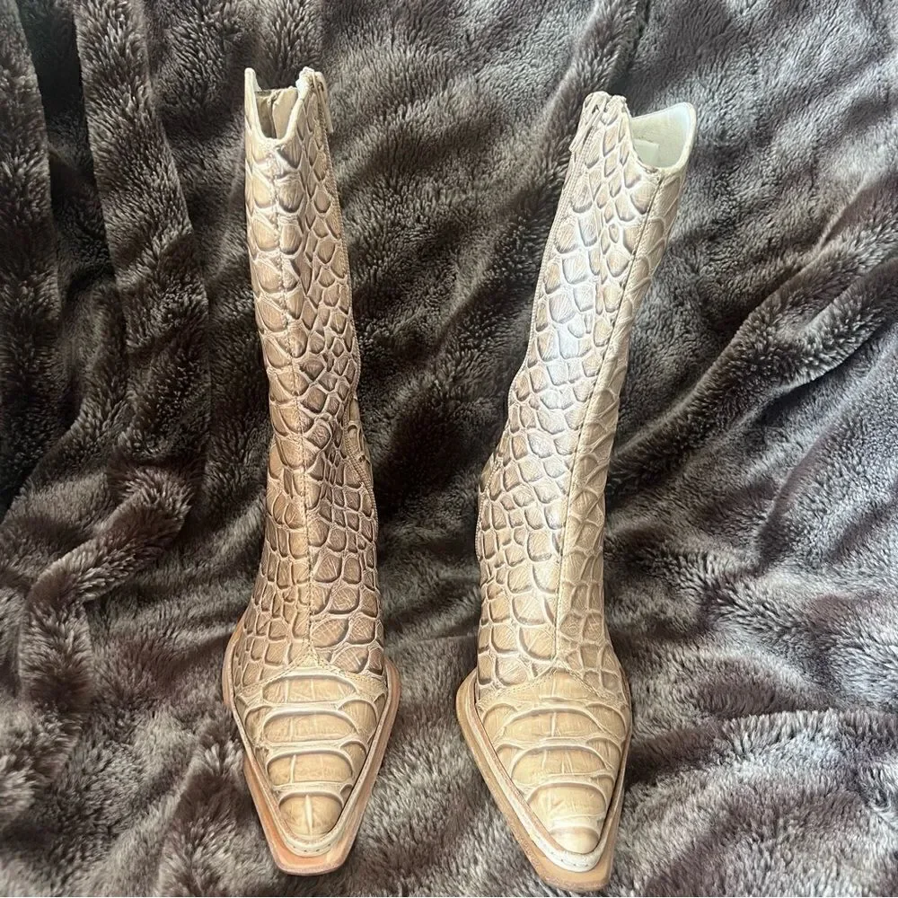 VINCENT Ankle Boots Beige Leather Croco Print Exterior Made in Italy Size 36.